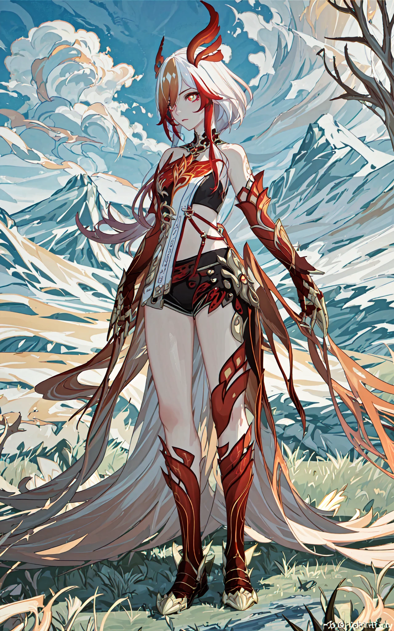 (masterpiece, top quality, best quality, official art, beautiful and aesthetic:1.2),extreme detailed,(fractal art:1.3), 1girl, solo,  <lora:FH_FoV_v1.0:0.9>, Fu Hua(FoV), china dress, red horns, asymmetrical gloves, asymmetrical thigh boots, multicolored hair, bare shoulders, full body,  <lora:LCM_LoRA_Weights_SD15:1>, outdoors, mountain, square, tree, grass,