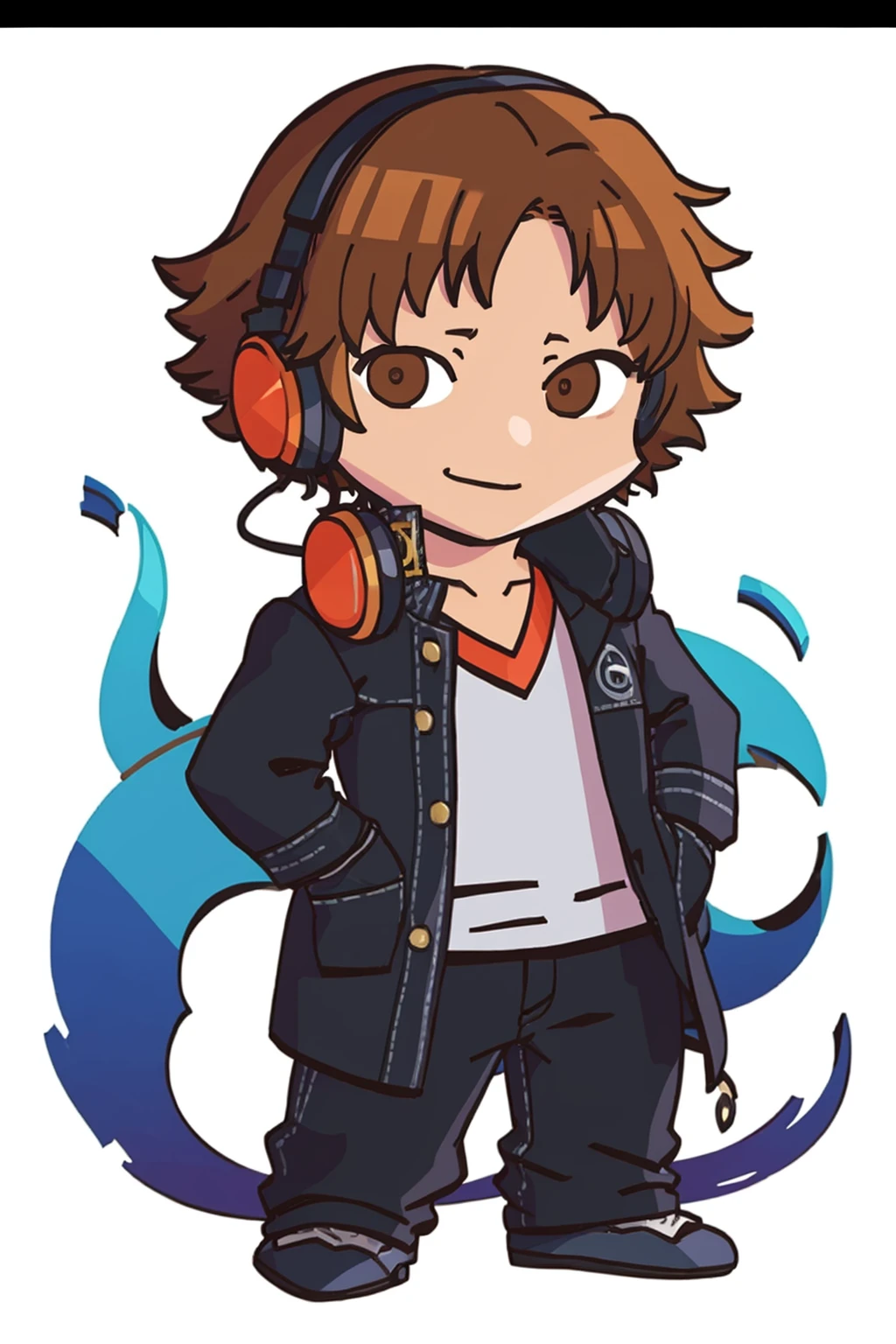 masterpiece, best quality, solo, 1boy, smile, looking at viewer, <lora:Yosuke_Fp_1:1>, yosukep4, school uniform, headphones around neck, pants, hands in pockets, <lora:FEH-MTH_Fp:0.8>, chibi, simple background,