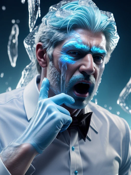 best quality, masterpiece, highres, detailed, realistic, <lora:Tools - add_detail:0.2>, IceElementCh, ice, blue theme, ice body, <lyco:Change - IceElementCh:0.8>, a surprised man in suit and tie, mouth open, a man looking at his own hand,