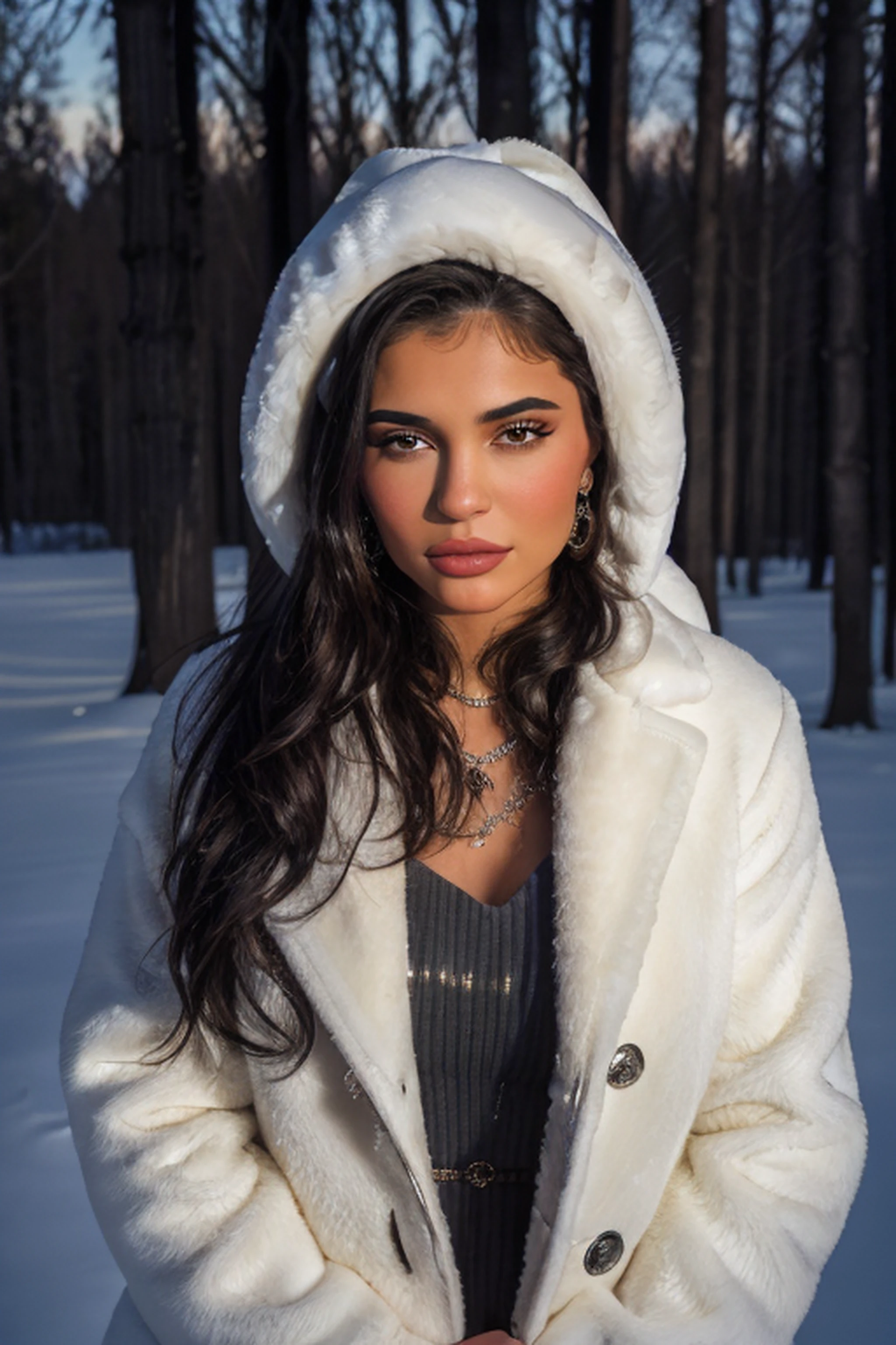 kyl13j3nn3r, a photo of a beautiful woman, (clear starry night), wearing a warm winter outfit, posing for a picture, subject focus, striking a pose, perfect lighting, jewelry, makeup, 24mm, 4k textures, looking at viewer, making eye contact, realistic, 8k, dslr <lora:KylieJenner_v1-000025:0.85>