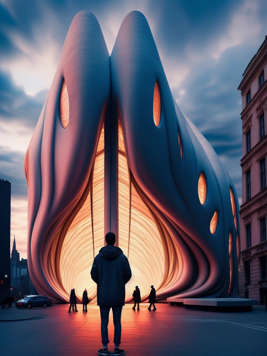 Arc architecture, 1boy, male focus, monster, from behind, standing, hood, cloud, sky, jacket, hoodie, building, solo, cloudy sky, pants, black hair, city, black jacket,<lora:Justin_Arc_architecture_V105:0.8>,