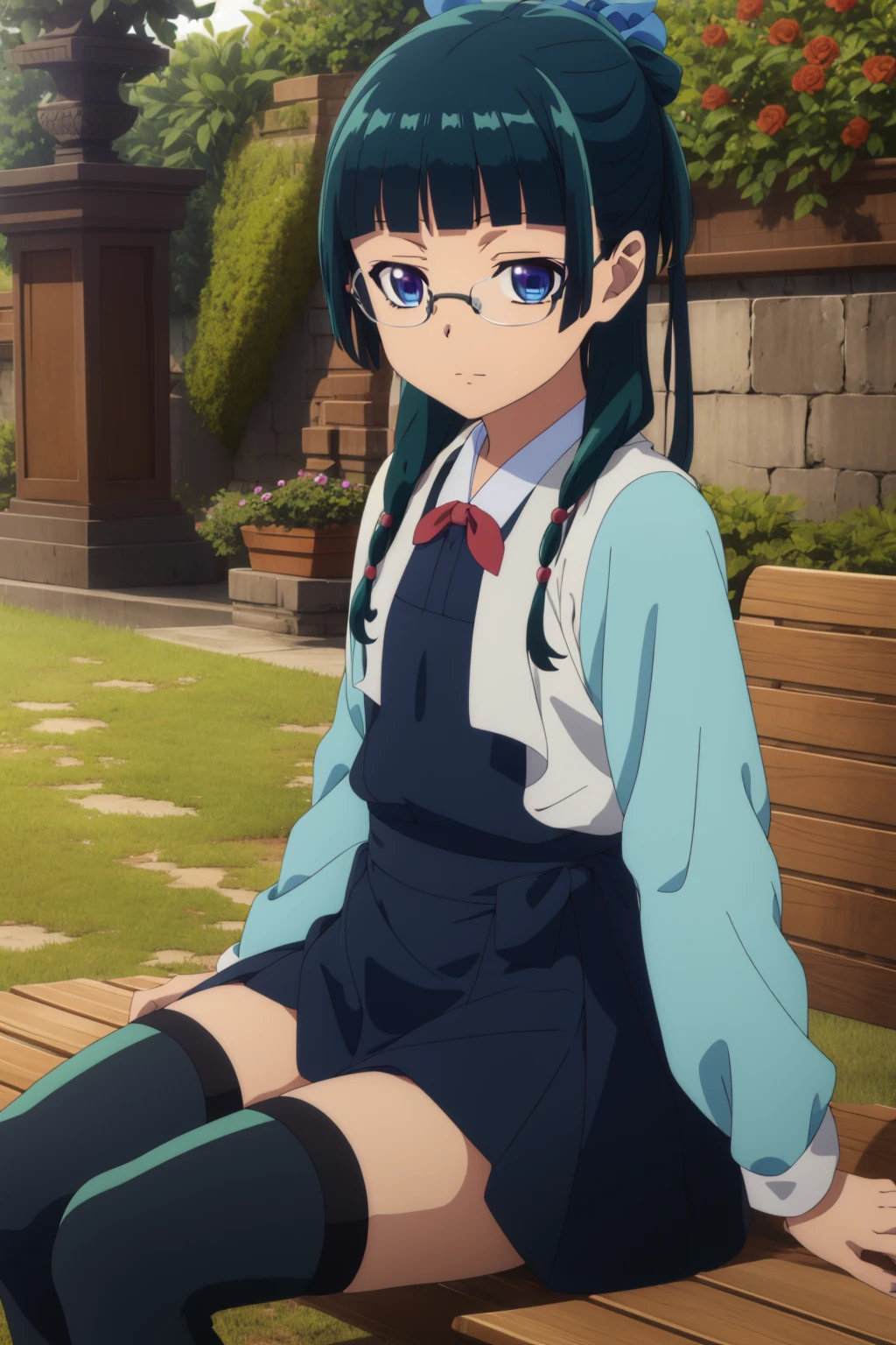 masterpiece, best quality, highly detailed, (anime:1.3), 1girl, solo, maomao, dark green hair, (freckles:0.5), hair bun, hair ribbon, twintails, medium hair, blue eyes, hair ornament, black dress, black thighhighs, dress, glasses, frilled dress, gothic, red bow, thigh strap, thighhighs, outdoor, flowers, leaf, beautiful background, closed mouth, looking at viewer, sitting, sin on bench,<lora:maomao-08:1>