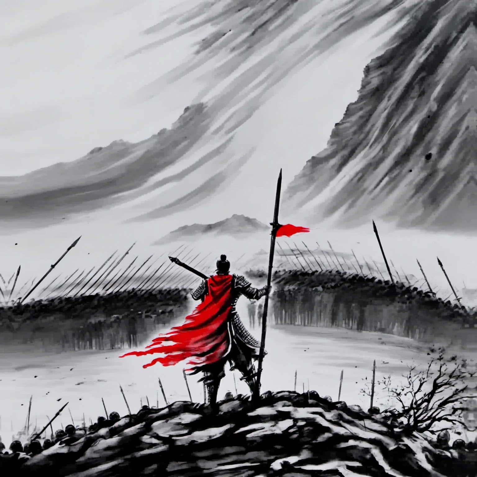 <lora:ink_xiakexing_xl_v1:0.8>,tree,mountains,
ink painting,A painting of a man holding a flag standing on a body hill with many people in the background,holding,standing,monochrome,weapon,male focus,multiple boys,sword,cape,holding weapon,armor,holding sword,helmet,letterboxed,polearm,spot color,spear,flag,full armor,hat,blood,