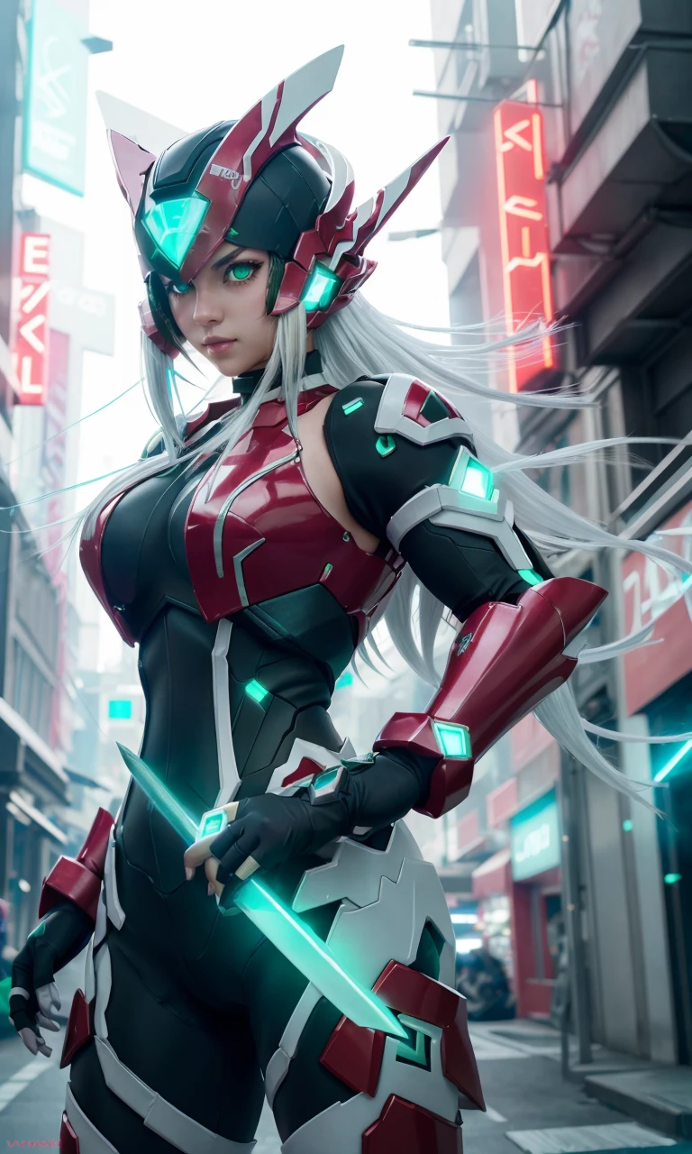 megzeromyth2023, 1girl, long white hair, large breasts, toned, red armor, green energy sword, 8k, uhd, best quality, masterpiece, intricate, photorealistic, glowing green eyes, cyberpunk city, night, neon signs, science fiction