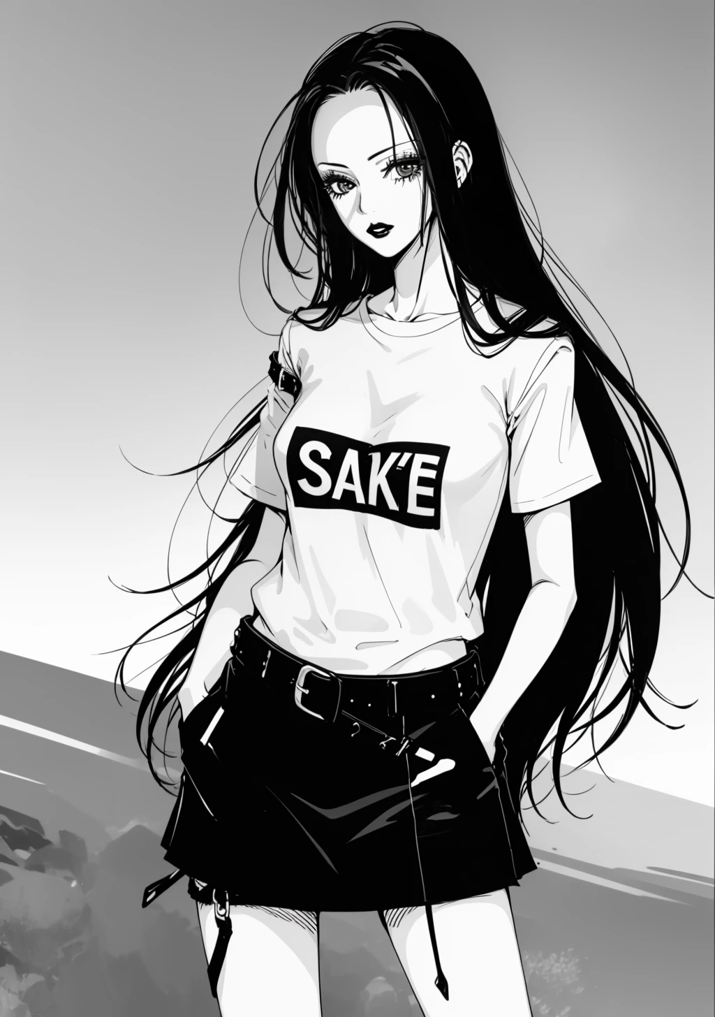 nana, 1girl, long hair, skirt, shirt, short sleeves, greyscale, belt, makeup, lipstick, hands in pockets, solo, <lora:nana-10:1>
