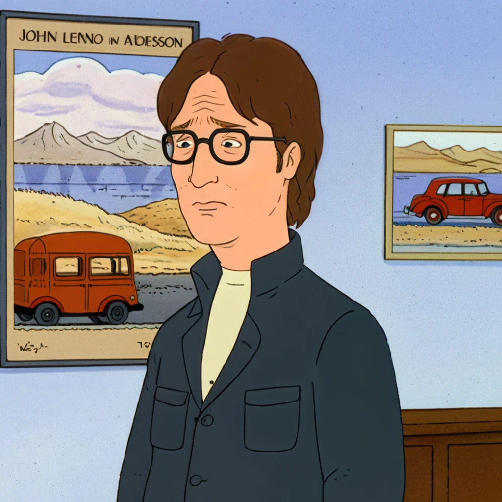 cartoon of John Lennon in a scene from a Period Film movie, directed by Wes Anderson
(in kingofthehill style:1.5)
<lora:xl_more_art-full_v1:0.5> <lora:add-detail-xl:0.45> <lora:kingofthehillstyleXL_v.10.1:0.8>