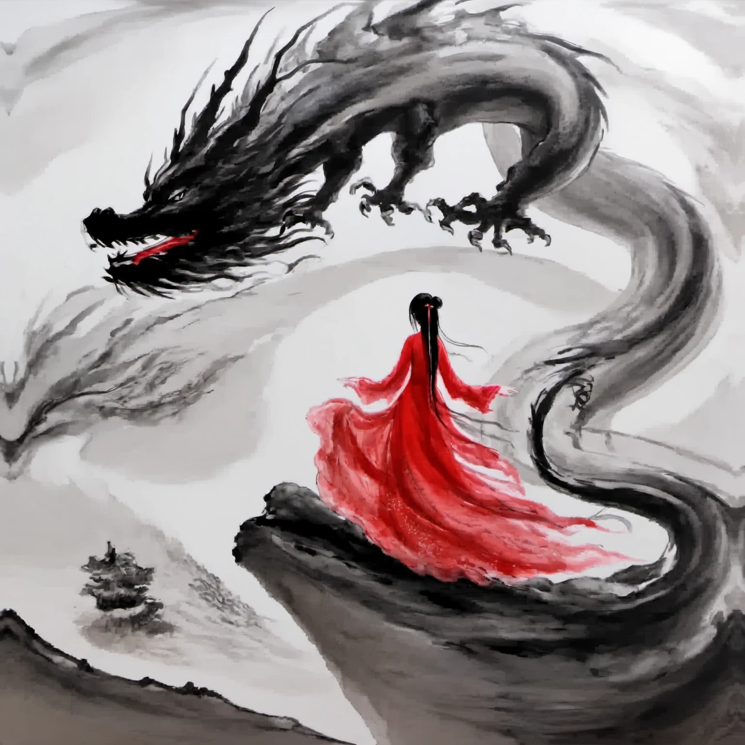 <lora:ink_xiakexing_xl:0.8>,1girl,red dress,dragon,ink painting,