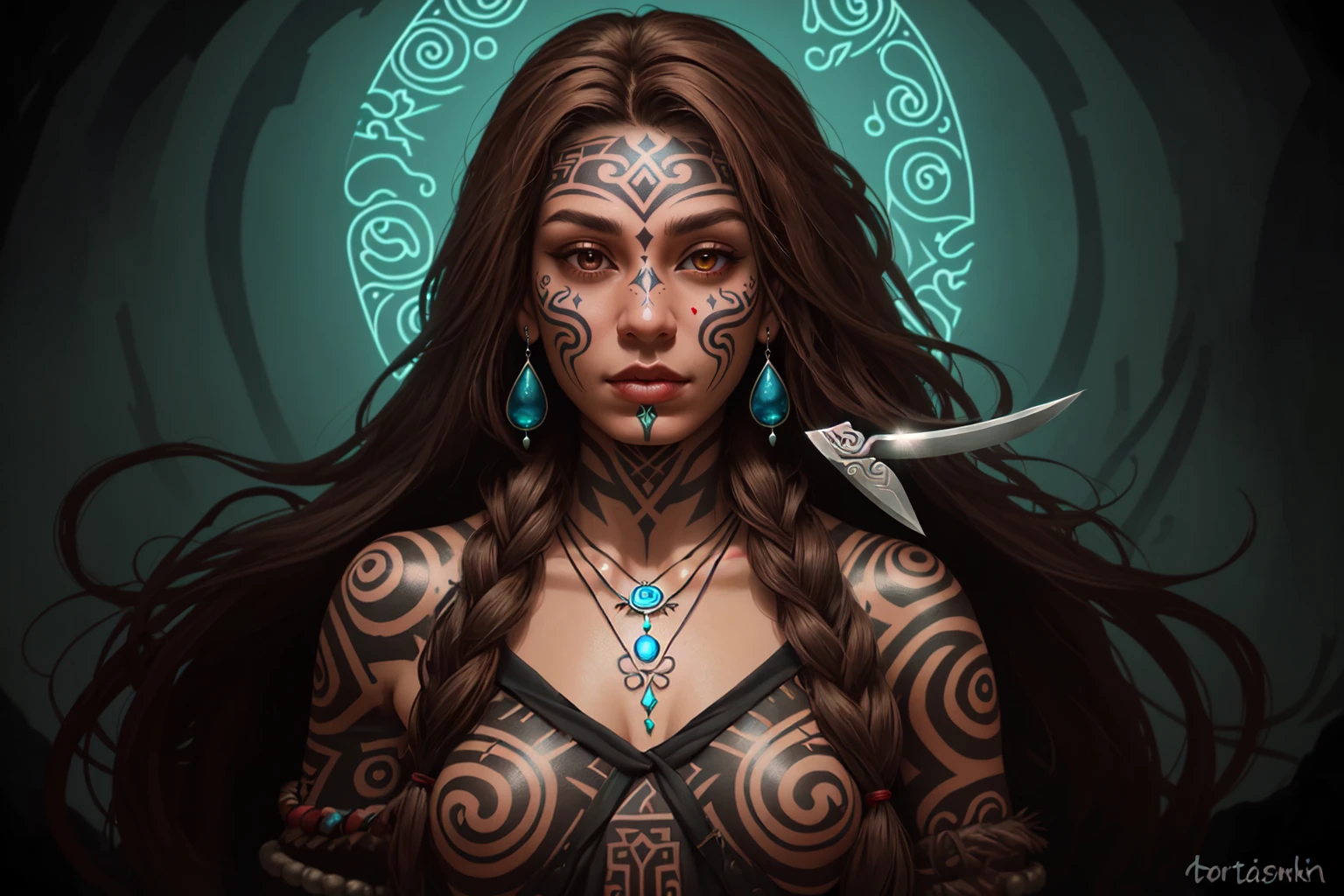 <lora:MatarikiAotearoa:0.4> AotearoaMatariki, 1girl, solo, long hair, brown hair, jewelry, necklace, maori, facial tattoo, knife, fantasy painting, glowing, magic