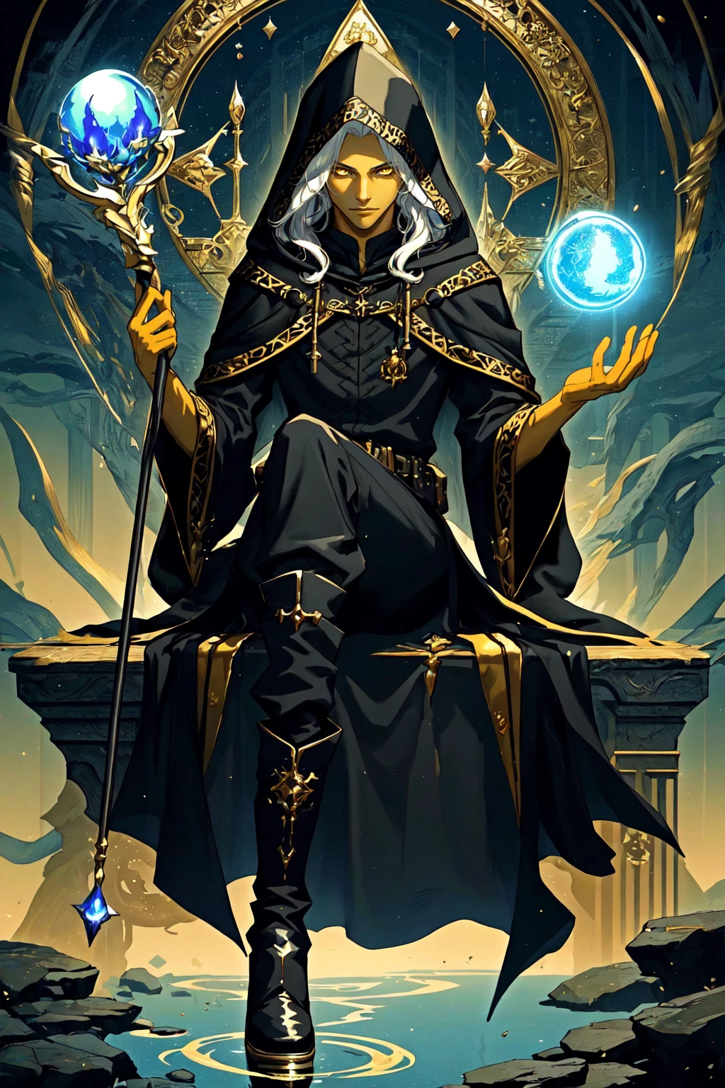 Raistlin Majere, 1boy, male focus, solo, colored skin, gold accent,  yellow skin, sunken eyes, wizard, long hair, long sleeves, holding, sitting, white hair, male focus, boots, hood up, black cloak, black footwear, staff <lora:RaistlinMajere:0.8>