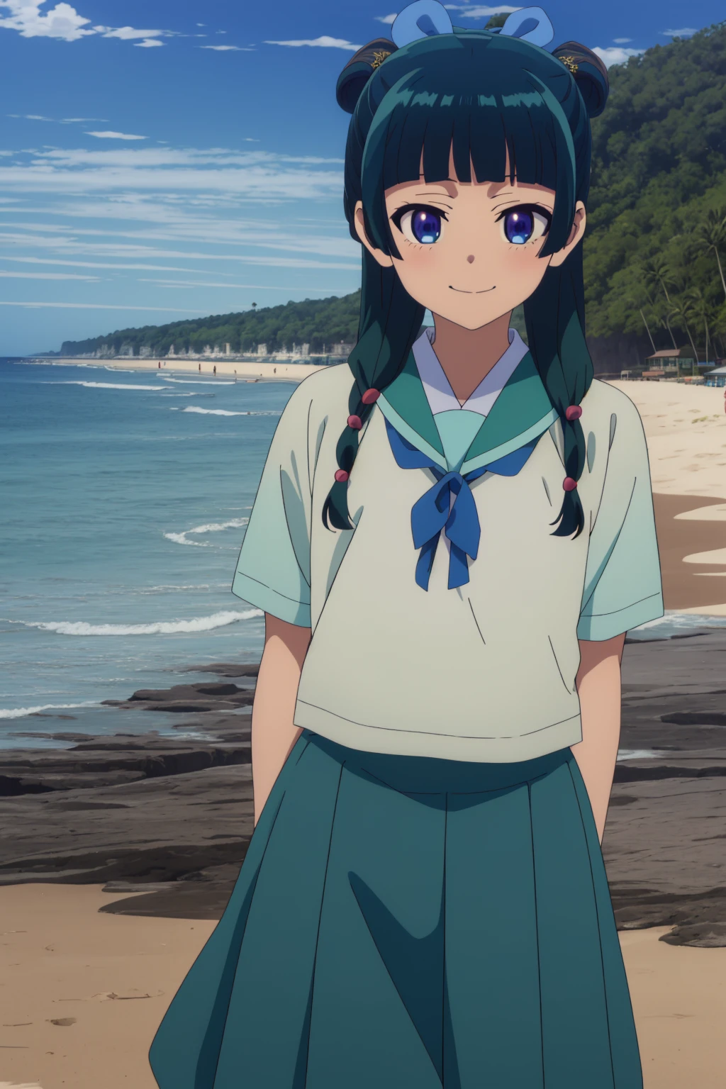 masterpiece, best quality, highly detailed, (anime:1.3), 1girl, solo, maomao, dark green hair, (freckles:0.5), hair bun, hair ribbon, twintails, medium hair, blue eyes, hair ornament, blue skirt, school uniform, serafuku, outside, beach, water, day, smile, looking at viewer, blush, <lora:maomao-08:1>