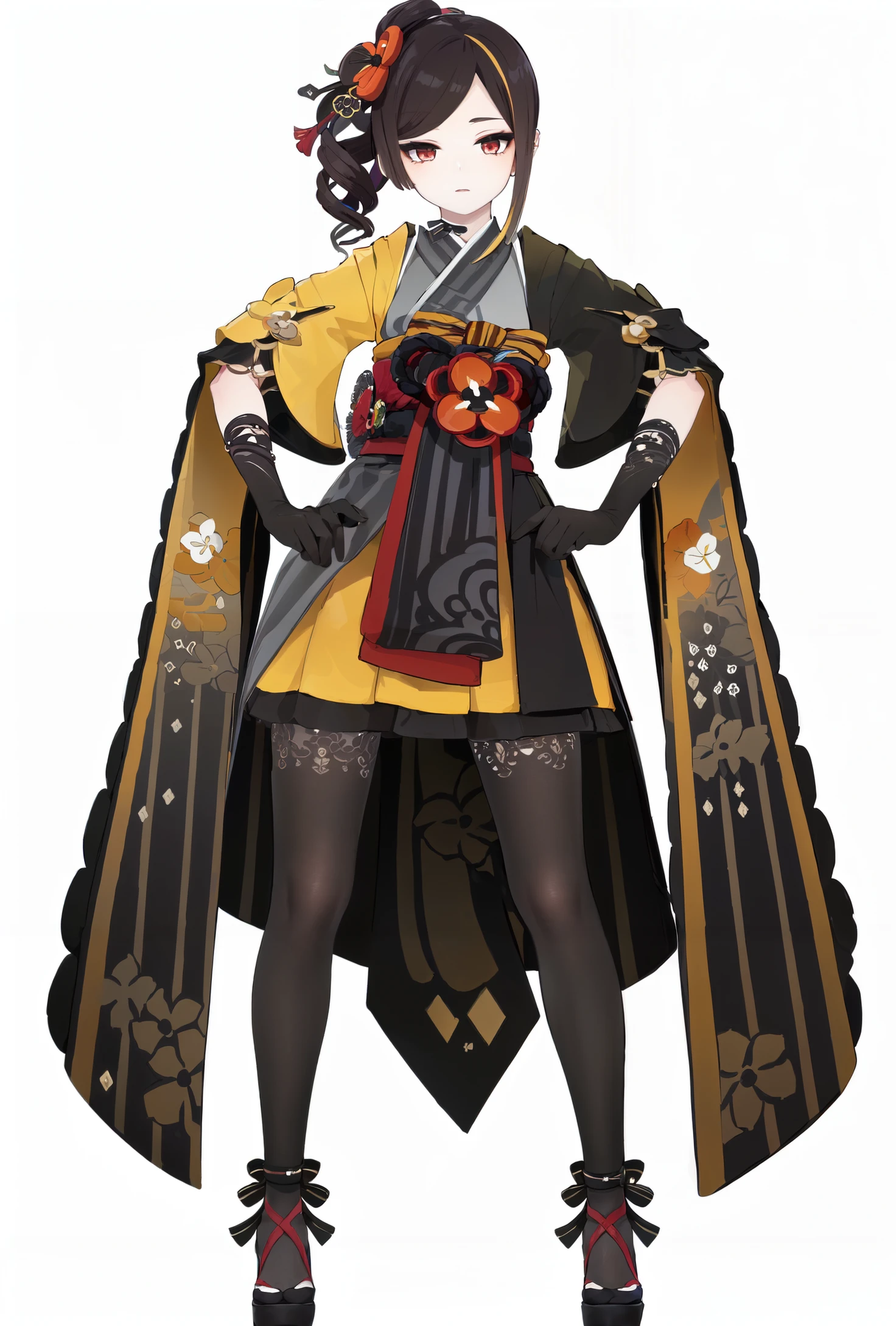8k, best quality, masterpiece, (ultra-detailed:1.1), (high detailed skin),
(full body:1.2), white background, standing, looking at viewer, (solo:1.4), hand on hip,
<lora:qianzhi-v100:0.8:lbw=OUTALL>, qianzhi, 1girl, gloves, black gloves, hair ornament, japanese clothes, pantyhose, kimono, red eyes, flower, black footwear, multicolored hair,
(white background, simple background:1.5),
(beautiful_face), ((intricate_detail)), clear face,
((finely_detailed)), fine_fabric_emphasis,
((glossy)), full_shot