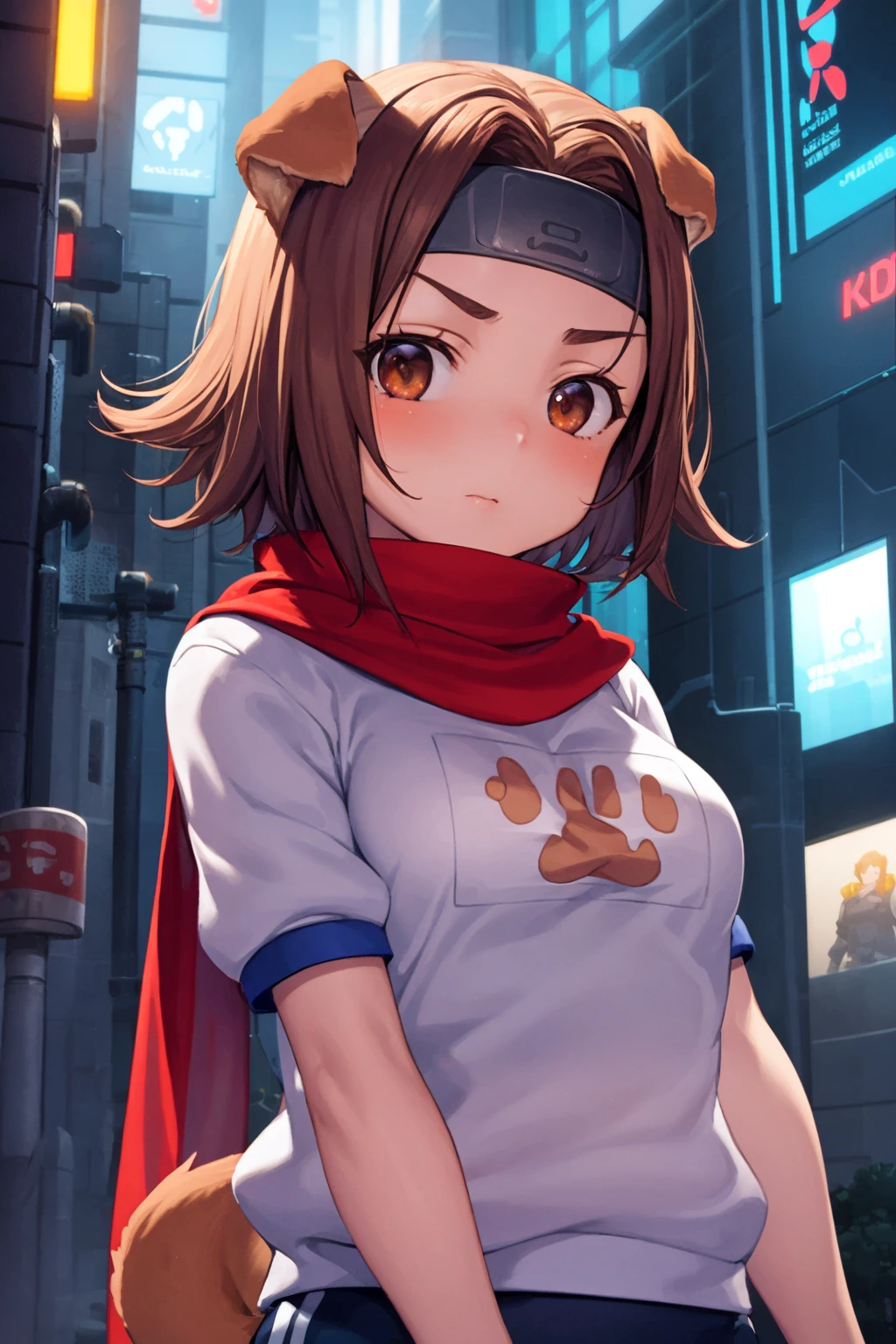 masterpiece, best quality, 1girl, konoha, brown hair, short hair, brown eyes, headband, dog ears, red scarf, gym uniform,  upper body, looking at viewer, cyberpunk, solo, neon light, night, cyberpunk city background <lora:Konoha:1>