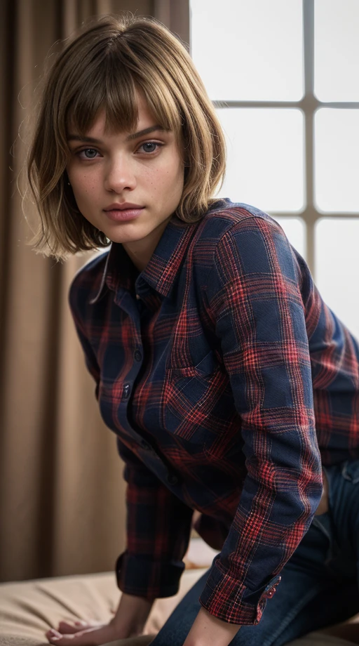 mix558, (Masterpiece Photo:) of (Happy) woman wearing checkered red and black shirt and blue jeans staring at the viewer ,(checkered red and black shirt), (blue jeans),Highly Detailed,(close portrait:1.3),(Feminine:1.4),(beautiful:1.4),(attractive:1.3),calendar pose,perfectly detailed eyes,studio lighting,thematic background, (high detailed skin:1.2), 8k uhd, dslr, soft lighting, high quality, film grain, Fujifilm XT3, hi detail, sharp focus, perfect lighting, awesome, dslr, 4k high quality. extra detail, extra sharp, magical, perfect moment, natural skin, pores