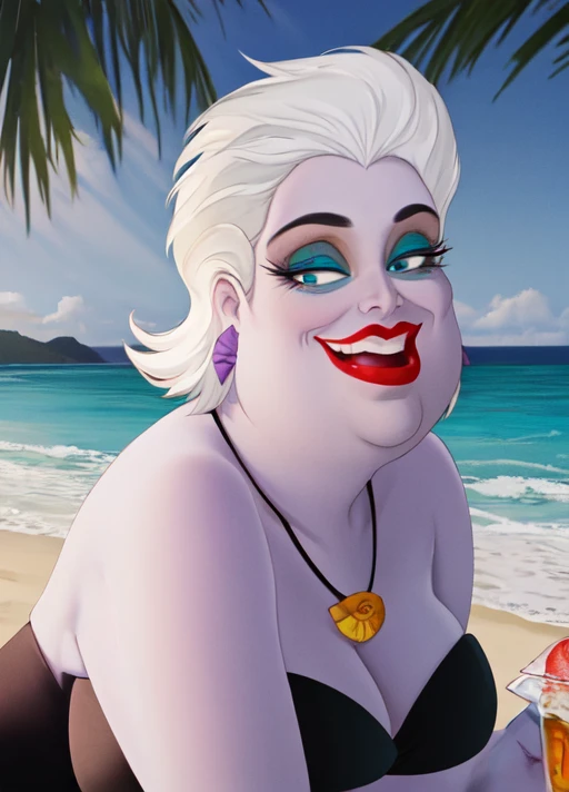 masterpiece, best quality, extremely delicate and beautiful, highres, original,  <lora:Ursula:0.8>, ursulalm, white hair, short hair, purple skin, red lips, fat, bbw, green eyelids, shell necklace, shell earrings, looking at viewer, blue eyes, beach, black dress, upper body,