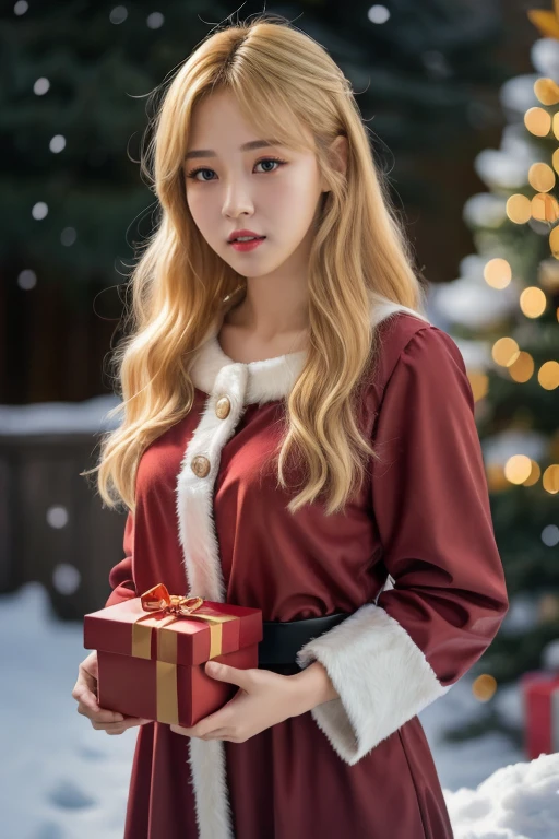 1girl, solo, wearing santa claus outfit, christmas theme, snow christmas background in the morning , mature body, upper body, holding red box of present, realistic, blonde hair,