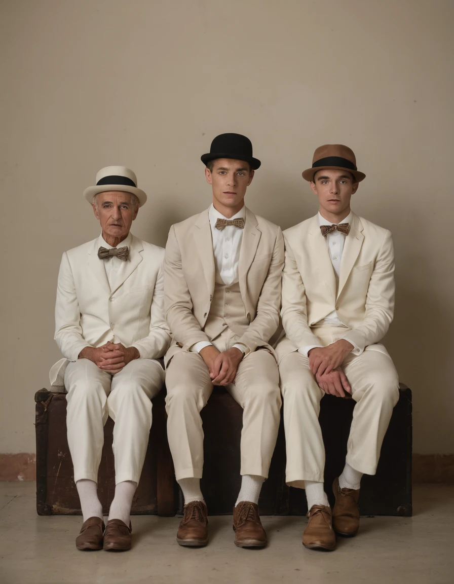 Three figures seated side by side, (vintage droog costumes:1.2), bowler hats, white outfits, (milk glasses in hand:1.1), expressionless faces, retro-futuristic ambiance, soft indoor lighting, Kubrickian symmetry, medium shot, Nikon Z6, 1/60s, f/4, ISO 800, stylized palette, cinematic composition,
