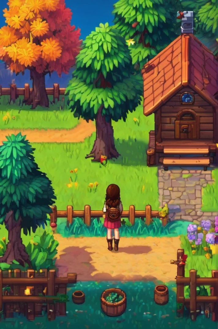 girl in Stardew Valley: Secret Woodland: A hidden area within the valley, filled with ancient trees and magical creatures. with many details,
