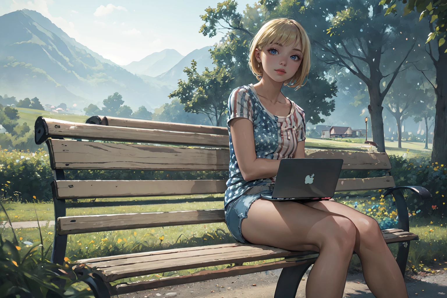 (Masterpiece:1.4), (high quality:1.2), (best quality:1.2), 1girl, solo, park, grass background, white skin, looking at viewer, blonde hair, sitting on bench, 
full body, <lora:StarsAndStripesJeans_v1:0.7>, starsandstripesjeans, shorts, shirt, nail polish, shoes, denim, denim shorts, short shorts, striped, sneakers, laptop