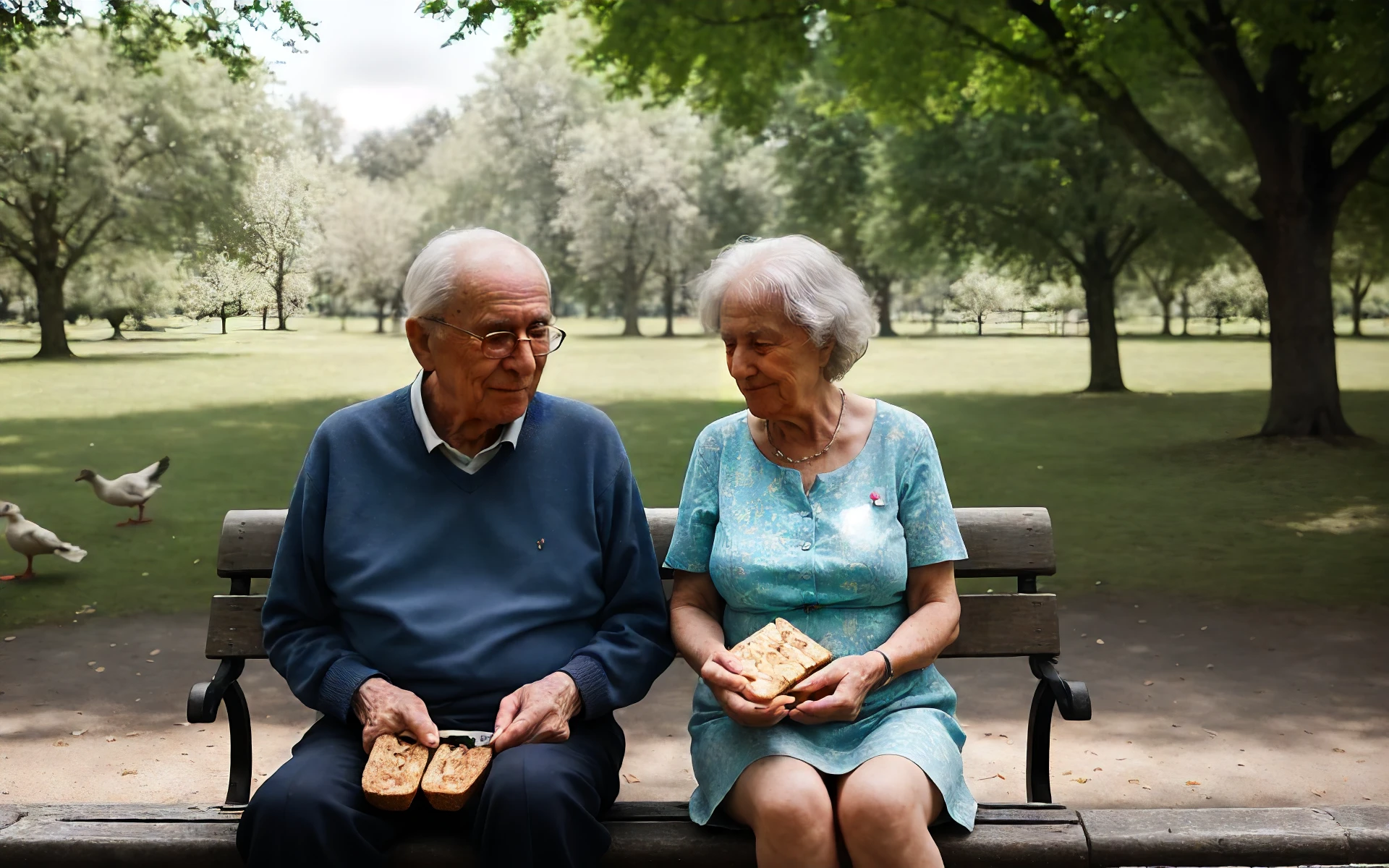 an elderly european couple sitting on a bench in the park in summer feeding bread to a flock of ducks
BREAK high resolution, 16K, HDR, grainy, Fujifilm XT3