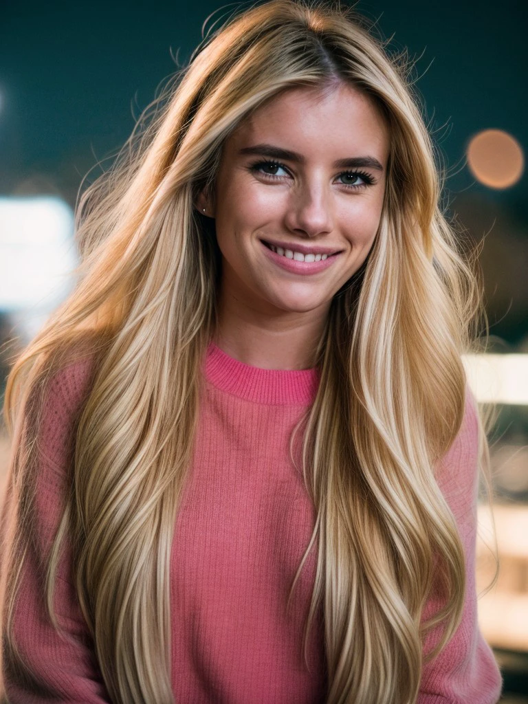 <lora:emma3-29:1> a photo of emrb,long hair ,smile,blonde hair,close-up,cinematic,Canon powershot , bokeh,filmic grain,motion blur,soft lighting ,neon lights,uhd,8k,ultrasharp,masterpiece,city street,nighttime,wearing a sweater,low brightness,dimly lit  <lora:add_detail:1>