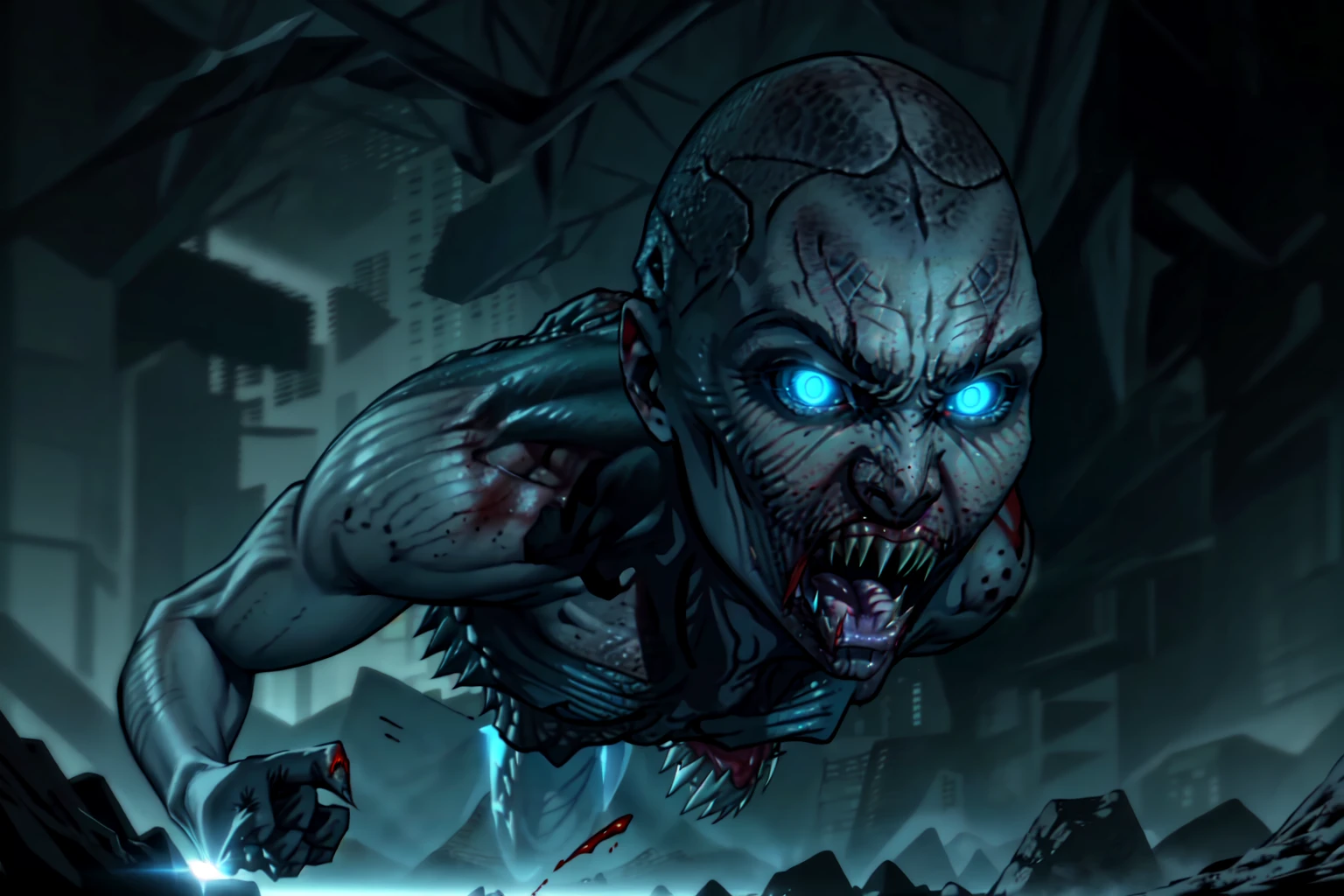 <lora:Wendigo-UD:0.8> EarthWendigo-UD, 1girl, blue eyes, scared, looking at viewer, BREAK, 1boy, male focus, hovering, glowing, sharp teeth,teeth, saliva, blood, glowing eyes, monster, realistic, alien, horror (theme)