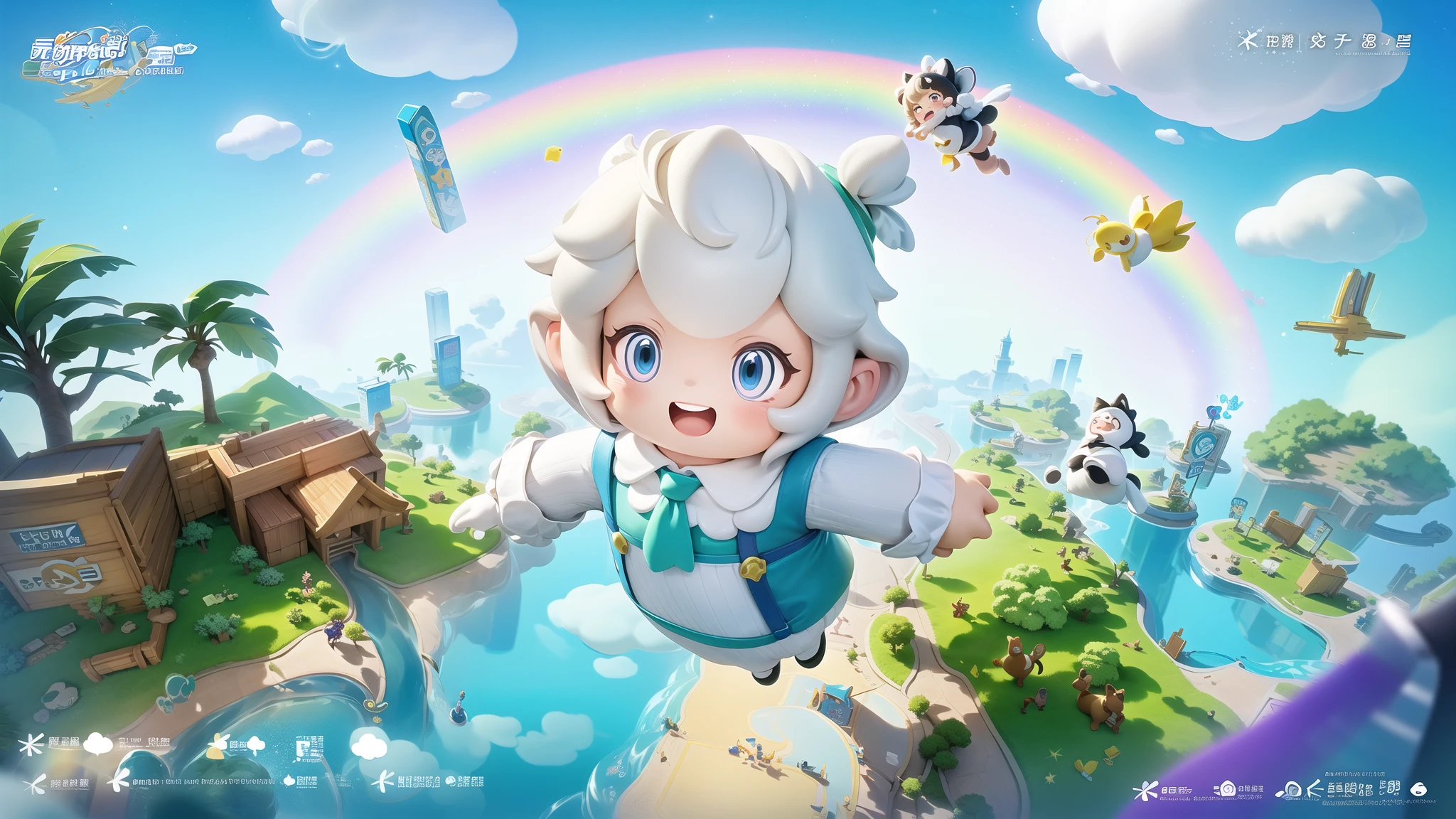 (masterpiece, top quality, best quality, official art, beautiful and aesthetic:1.2),(8k, best quality, masterpiece:1.2),a cartoon character flying through the air with other characters in the background and a rainbow colored sky with clouds, 1girl, smile, open_mouth, blue_eyes, white_hair, necktie, holding_hands <lora:Game Icon Institutemmo2:1>