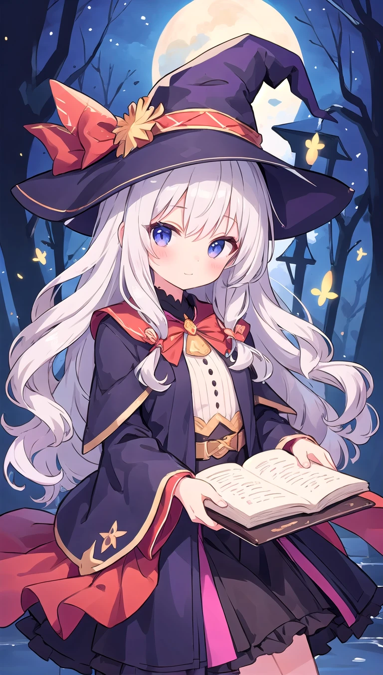 beautiful illustration, best quality, cute girl, silver hair, wavy hair, witch