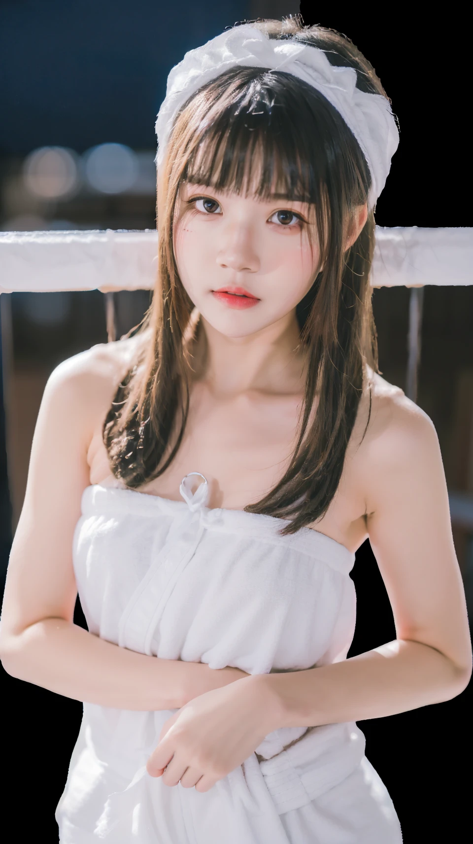best quality,HDR,UHD,8K,Vivid Colors,solo,photo_(medium),cute & girly,(1girl:1.4),(night:1.4),(looking at viewer:1.4),(standing:1.3),veranda,<lora:yingtaomiao:0.9>,<lora:rc31:0.75>,rc,headband,towel,