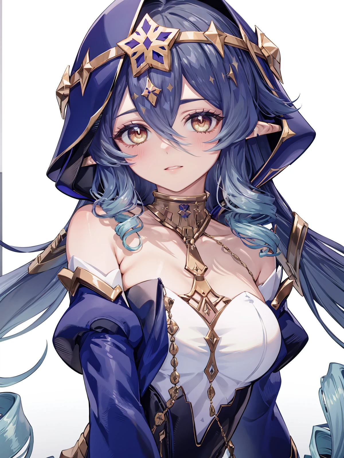 strong wind、cloak、naked、pubic hair、female organ、Blue tattoo、front、Beautiful Girl Magician、light blue hair up style、((whole body))、(((photo taken from below)))、magic circle、background is sky