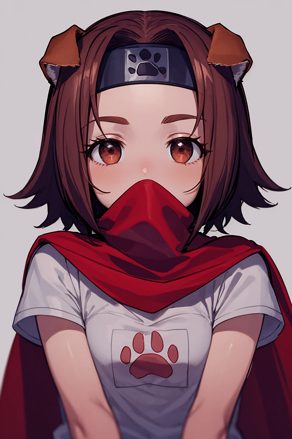 masterpiece, best quality, 1girl, konoha, brown hair, short hair, brown eyes, headband, dog ears, red scarf, covered mouth, white shirt, upper body, sketch, looking at viewer, solo, simple background <lora:Konoha:1>