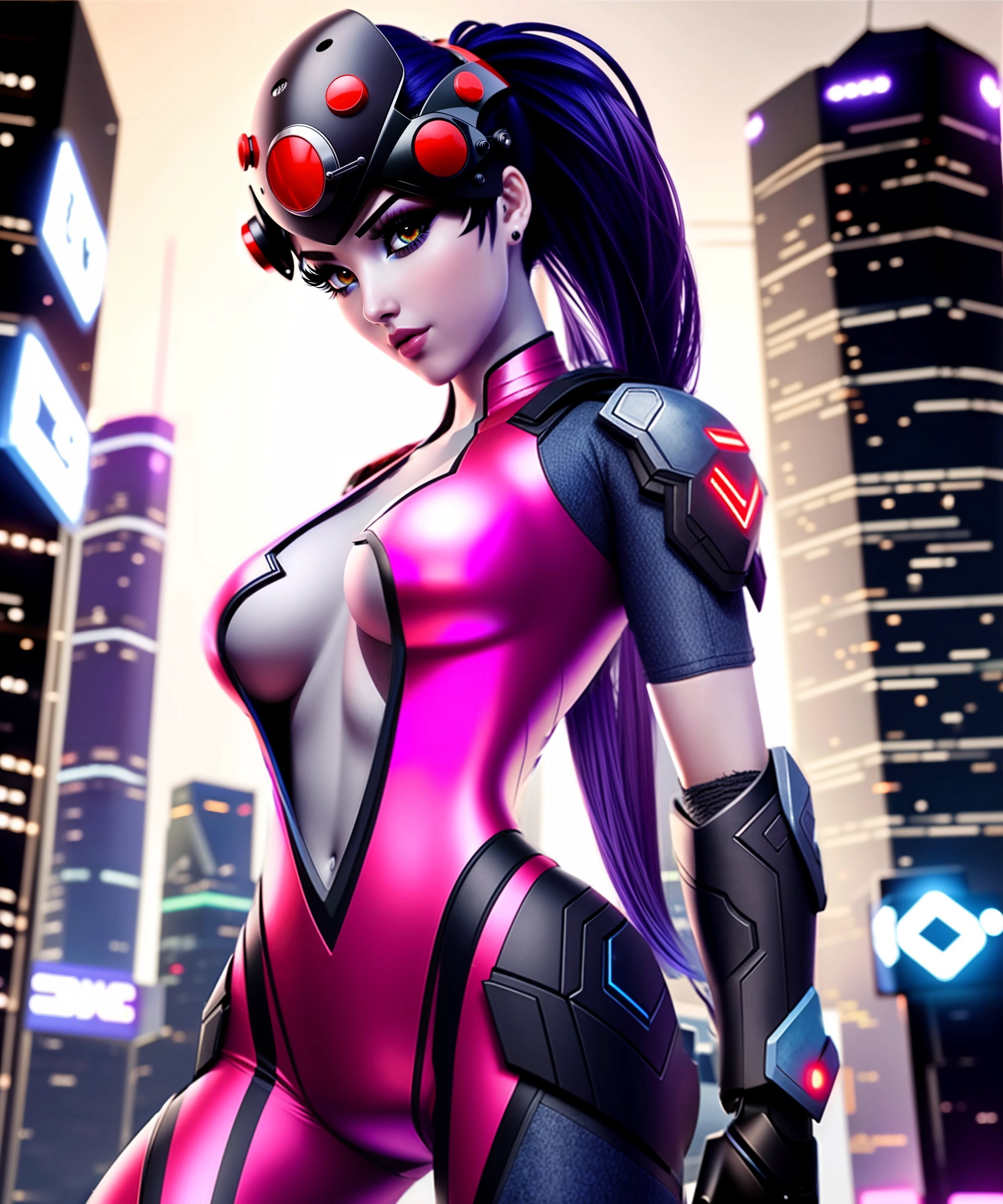 a cute girl, widowmaker, overwatch, in futuristic suit, sexy lips, long hair, looking at viewer, darkshot, posing <lora:Widowmaker:0.85>, (Cyberpunk), futuristic, neon, urban, dystopian