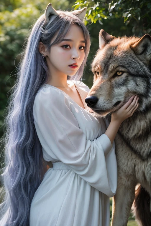 An unparalleled 8K UHD professional photograph that stands as a testament to the zenith of artistic vision, set against the backdrop of a spellbinding fantasy realm. At the heart of this realm is a 19-year-old girl, a figure of sublime beauty with cascading soft silver hair that glimmers like strands of starlight. Her presence is a harmonious contradiction: while her visage radiates innocence, her amazingly elegantly arched black devil horns unveil her true identity as a bona fide real demon. These devil horns, majestic yet menacing, are a perfect embodiment of her dual nature, blending seamlessly with her enchanting allure. Her pale hands, captured in exquisite detail, are not just visually striking but are also imbued with the narrative of her demonic heritage, each line and curve a whisper of her ancient lineage. By her side stands a majestic, enigmatic giant wolf, a noble companion whose presence complements her own formidable essence. Their bond transcends the ordinary, radiating a joy that is both pure and deeply rooted in their shared mystical bond. The scene is bathed in a resplendent natural light that not only illuminates but also enhances the surreal elements of this otherworldly setting. The light weaves through her hair, dances around her horns, and casts a noble glow on her scary giant wolf companion, against a backdrop that is vibrant and dreamlike. This composition is a masterful interplay of light and shadow, adding depth and dimension, and rendering every texture so vivid that it feels tangible. This photograph is more than a visual feast; it's an immersive experience. The viewer is not merely observing but is drawn into a world where the line between reality and fantasy blurs, touched by the beauty, mystery, and intrinsic joy of this demon girl and her mythical wolf. It's a portrayal that transcends the medium, capturing the essence of their otherworldly existence in a moment frozen in time.