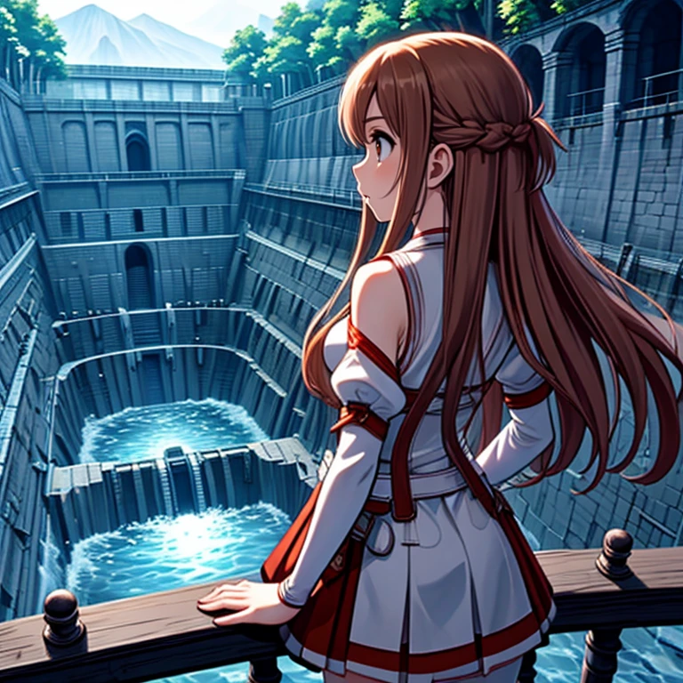 <lora:LCM_LoRA_Weights_SD15:1>,masterpiece,best quality,highly detailed,1girl,solo,
<lora:asuna_(sao)_v1:0.7>,aaasuna,long hair,brown hair,braid,brown eyes,bare shoulders,armor,breastplate,white sleeves,detached sleeves,red skirt,pleated skirt,white thighhighs,
BREAK
<lora:waterDungeon2:0.4>,newStage,looking at maze at the bottom of dam,looking afar,from behind,looking down,railing,hand on railing,