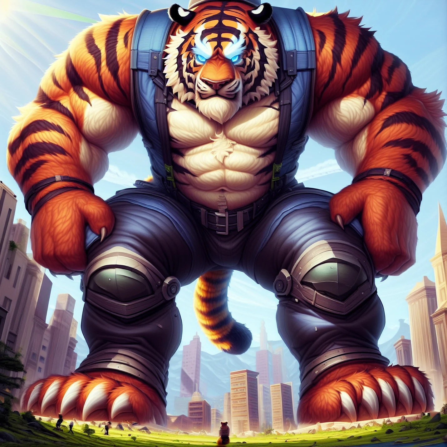 sky, day, blue sky, cloud, outdoors, outside, building, city, sunrise, landscape dwarfing, detailed foreground, city foreground, full body, solo, male focus, three-quarter view, front view, macrobear, tiger, giant, giga, macro, muscular, big muscles, abs, blue eyes, glowing eyes, claws, furry, furry male, thick neck, serious face, orange fur, big chest, broad shoulders, white chest, white belly, thick arms, frown, serious face, detailed fur, belt, pants, vest, armlet, mouth closed, standing, hands on knees, looking down, bent legs, knee pads, leaning forward, tree, grass, micro, extreme size difference, (tiger tail, tail :1.5), snaggle tooth, sunlight
<lora:macro_bear_V3_final-000037:1>