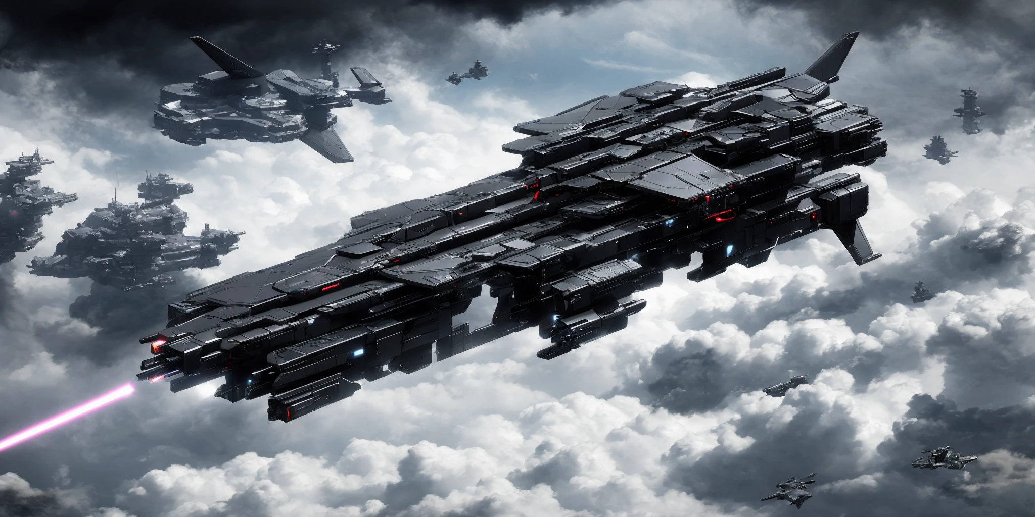star battleship,symmetry,Prometheus uchuu senkan yamato,Integrity,realistic,mecha,science_fiction,machinery,8k,laser,laser sight,<lora:zhanjian:0.7>,military_vehicle,no_humans,cloudy_sky,dark clouds,(There was a lot of gunfire in the battle of high-altitude fighters.:0.8),