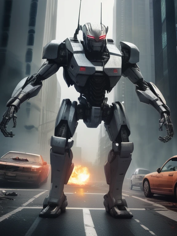 robotic warfare urban chaos surrealism War-torn streets; Lethal drones; Metallic clashes; Futuristic battleground; Robotic onslaught; Urban warfare; Surreal dystopia; Capital's turmoil; Mechanical combat; City under siege Technique: Robo-Surrealism Blending futuristic warfare with surreal elements