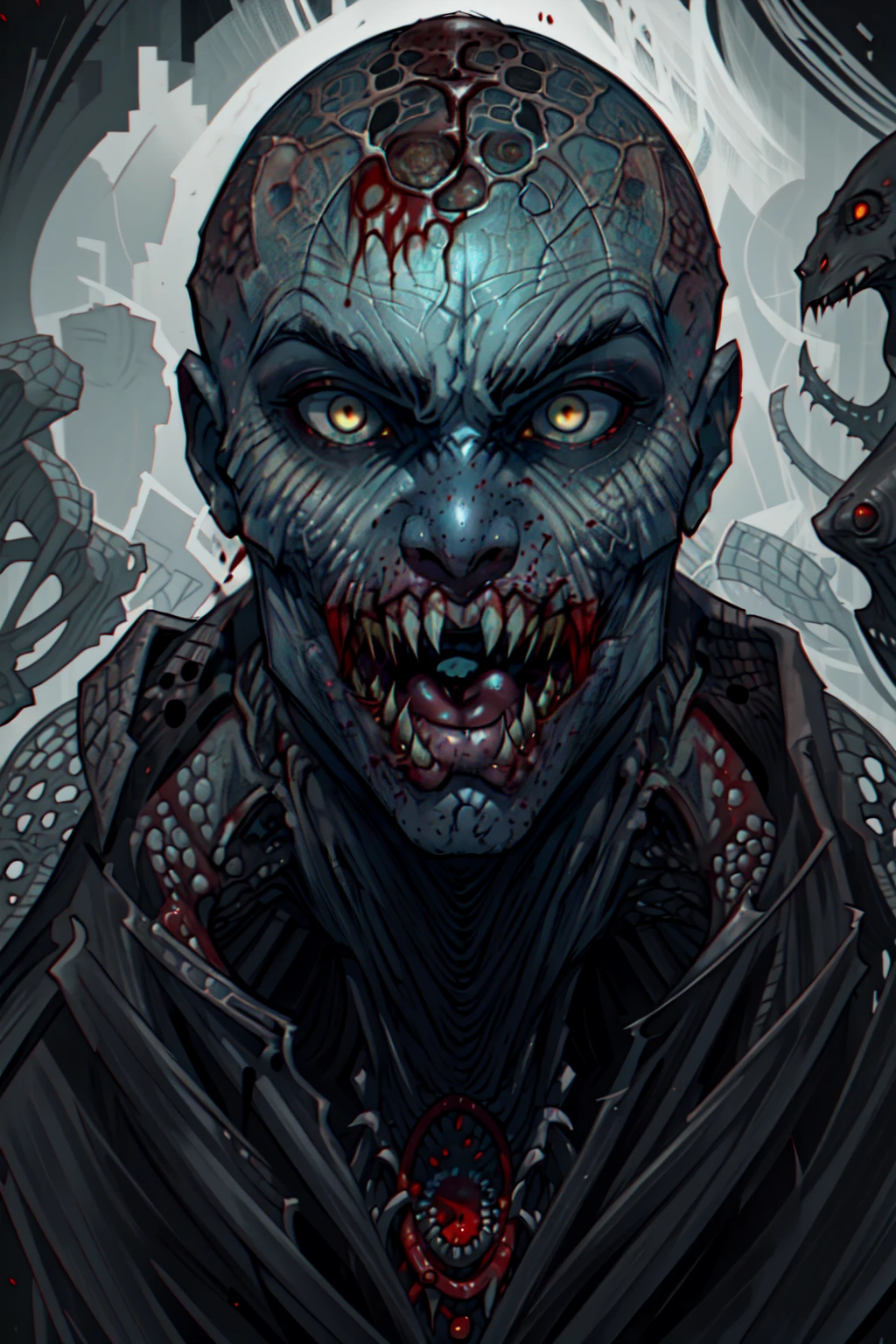 <lora:Wendigo-UD:0.8> EarthWendigo-UD, solo, open mouth, 1boy, male focus,  sunken eyes, deadly, diseased, emaciated, skinny, bald, teeth, blood, colored skin, fangs, sharp teeth, black background, portrait, monster, alien,  white eyes, horror (theme)