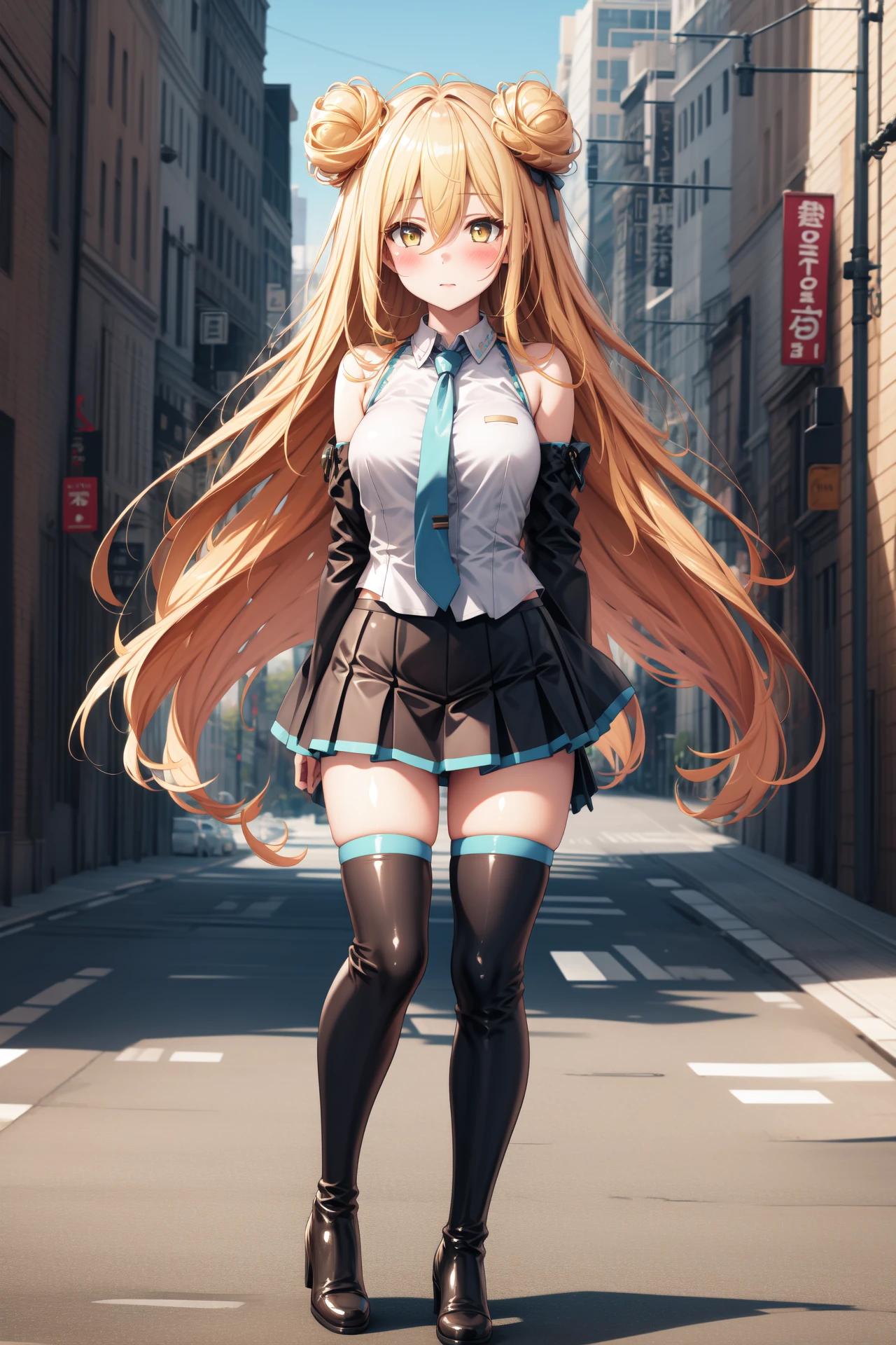 1girl, solo, BREAK outdoors, street, looking at viewer, (masterpiece:1.2), best quality, high resolution, unity 8k wallpaper, (illustration:0.8), (perfect hands, perfect anatomy), standing, (blush:1.5), shiny hair, shiny skin, mukuro hoshimiya, yellow eyes, very long hair, blonde hair, double bun, hair between eyes, medium breasts, miku outfit, sleeveless shirt, grey shirt, detached sleeves, necktie, arm tattoo, skirt, thighhighs, thigh boots, arms at side