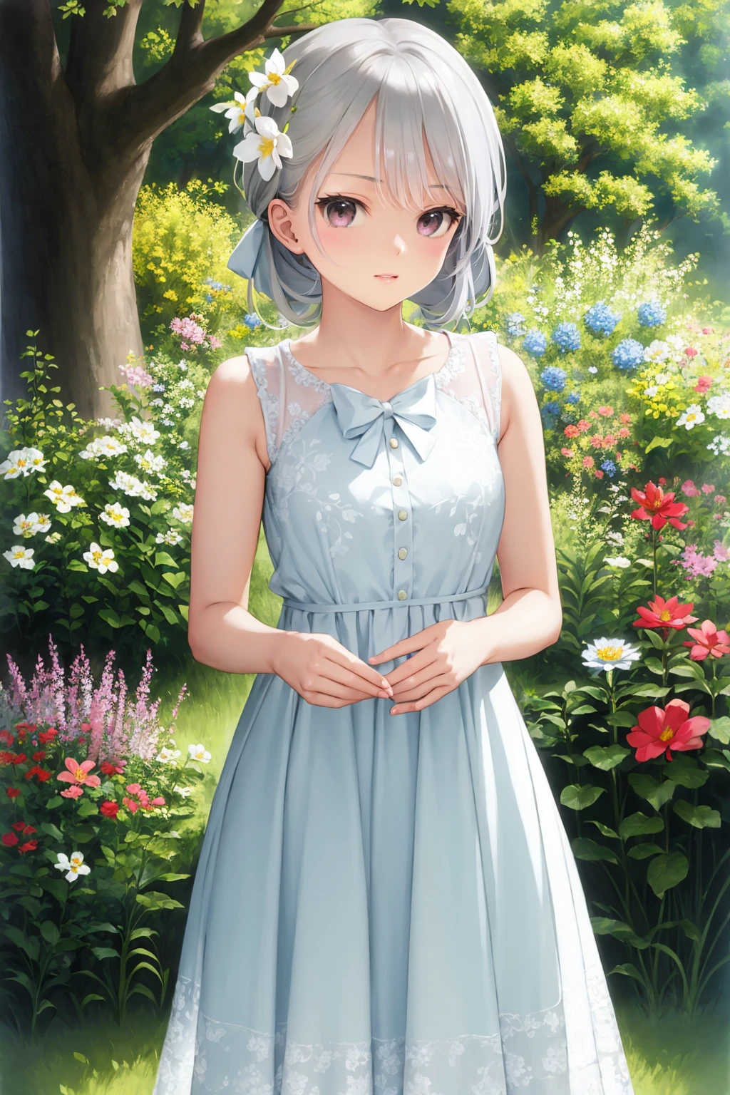 anime girl who is very beautiful, in the style of light silver and light pink, intricate, delicate flower and garden paintings,rococo style dress, 32k uhd, barbizon school, dark white and green, shiny eyes, cartoon realism <lora:mignonV73-000190:1>