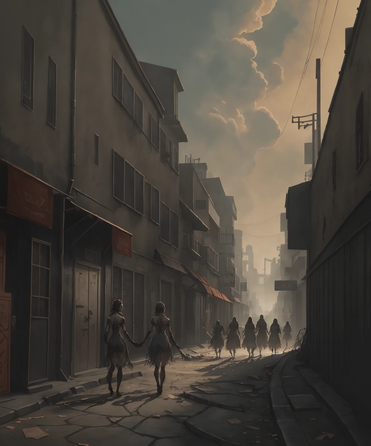 <lora:PathologicStyle:1>, a back alley with people walking , pathologic style