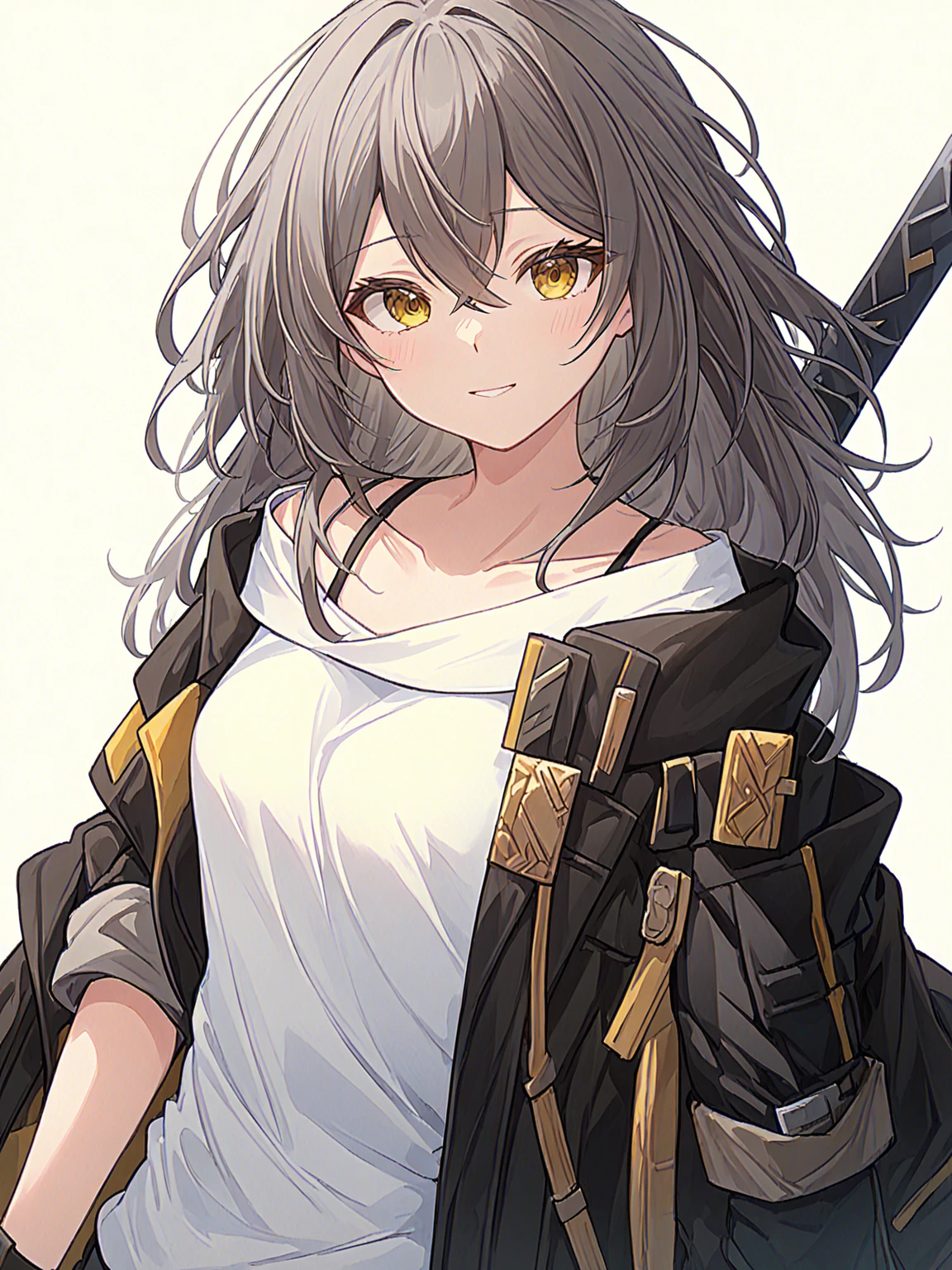 <lora:stelle:1>,1girl, solo, white_shirt, shirt, holding, gloves, weapon, hand_on_hip, holding_weapon, white_background, yellow_eyes, looking_at_viewer, sword, bangs, black_gloves, holding_sword, simple_background, jacket, over_shoulder, weapon_over_shoulder, smile, medium_hair, sword_over_shoulder, black_jacket, closed_mouth, sleeves_past_elbows, open_clothes, hair_between_eyes, brown_hair, cowboy_shot, long_hair, grey_hair, open_jacket, sleeves_rolled_up, coat, collarbone