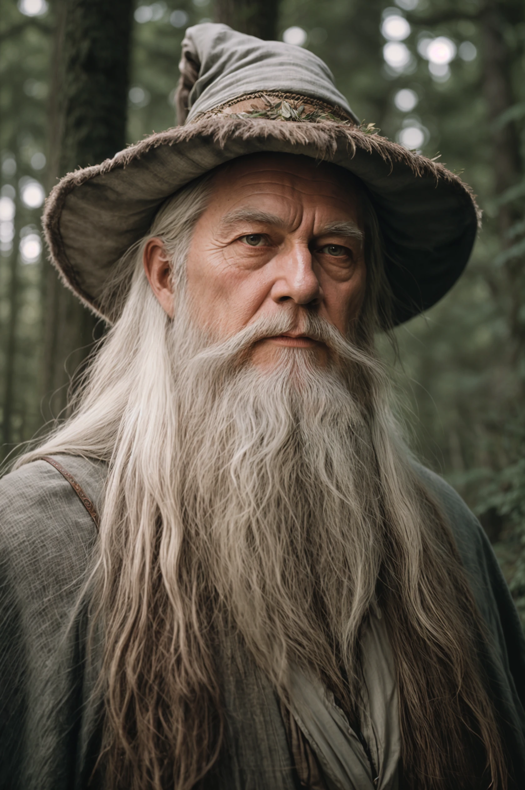 (analog photo grain:1.3), gandalf, old wizard in daylight forest, long white beard, (charismatic:1.2), complex lighting,(atmosphere), coherent, continuity, epic, sharp lines