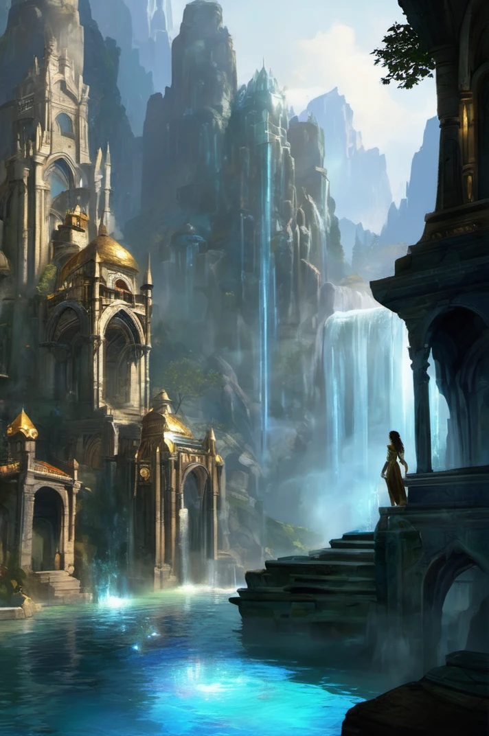 girl in Elder Scrolls: Shimmerene: A floating city bathed in ethereal light, with waterfalls cascading down its crystal towers. with many details,