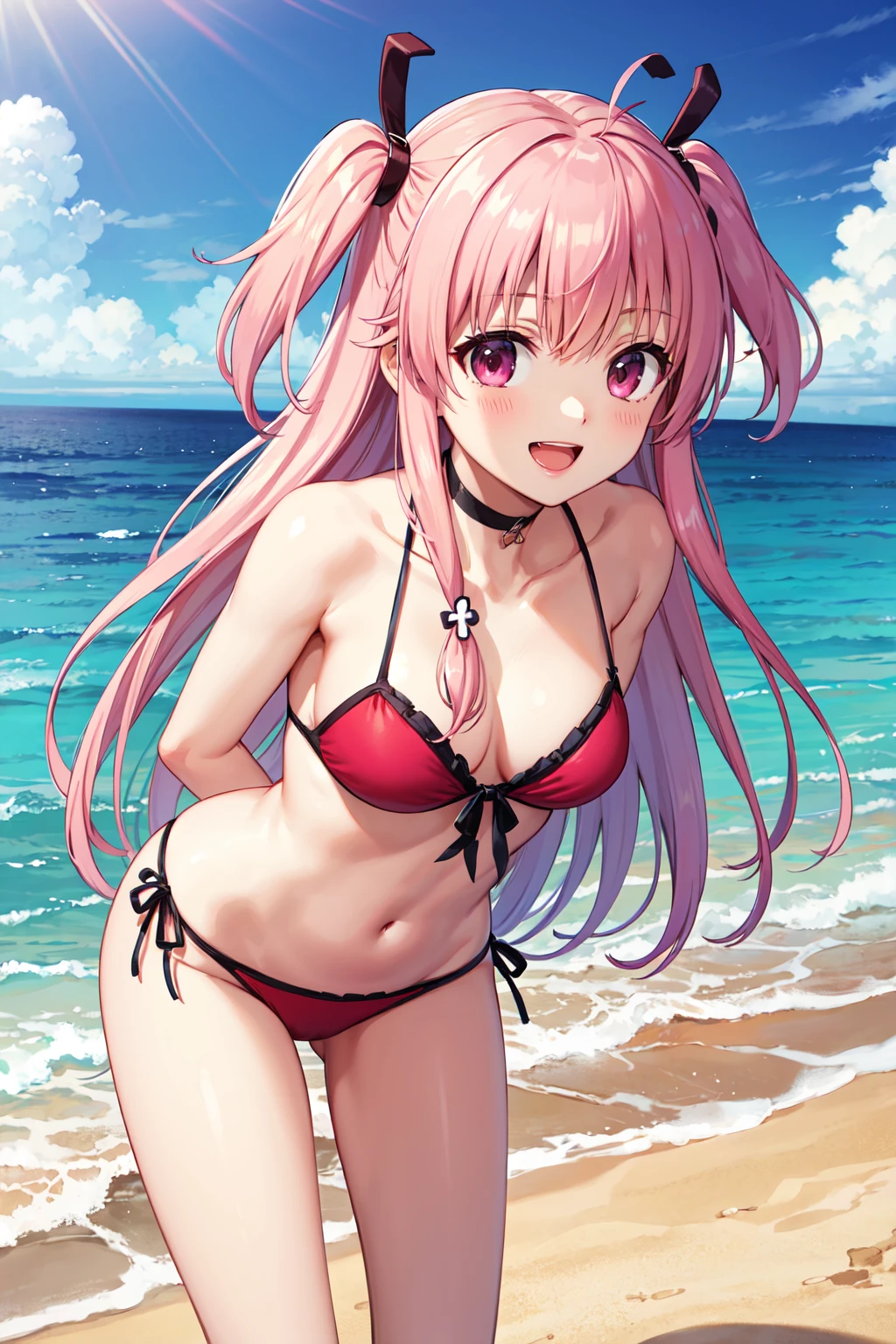 ((masterpiece, highest quality:1.3)),cowboy shot,20 year old beauty,solo,((very small head)),((long body)),pink hair,long hair,pink eyes,bangs,white headphone,medium breasts,slender body,skinny,shiny skin,oily skin,sweat,wet,shy、kneeling,Blue and white striped bikini、bra、panties、navel、beach、Ocean、sunny、