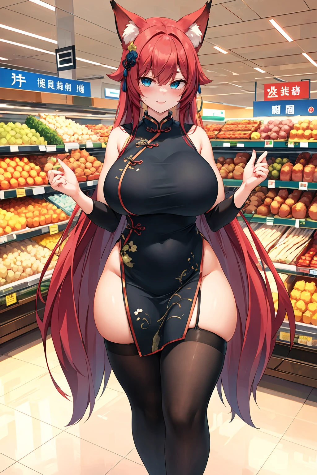 masterpiece, best quality, 1girl, standing, full body, red hair, blue eyes, (qipao:1.2), (black chinese dress:1.2), (gigantic breasts:1.2),(wide hips:1.2),(thick thighs:1.2),  black panties, black underwear ,smile,thighhighs,(blush:1.2),indoors, supermarket,choker, slender waist, fox girl, fox ears,  long hair, (long qipao:1.2), skintight qipao <lora:oniharigusa-Style_464276:1>