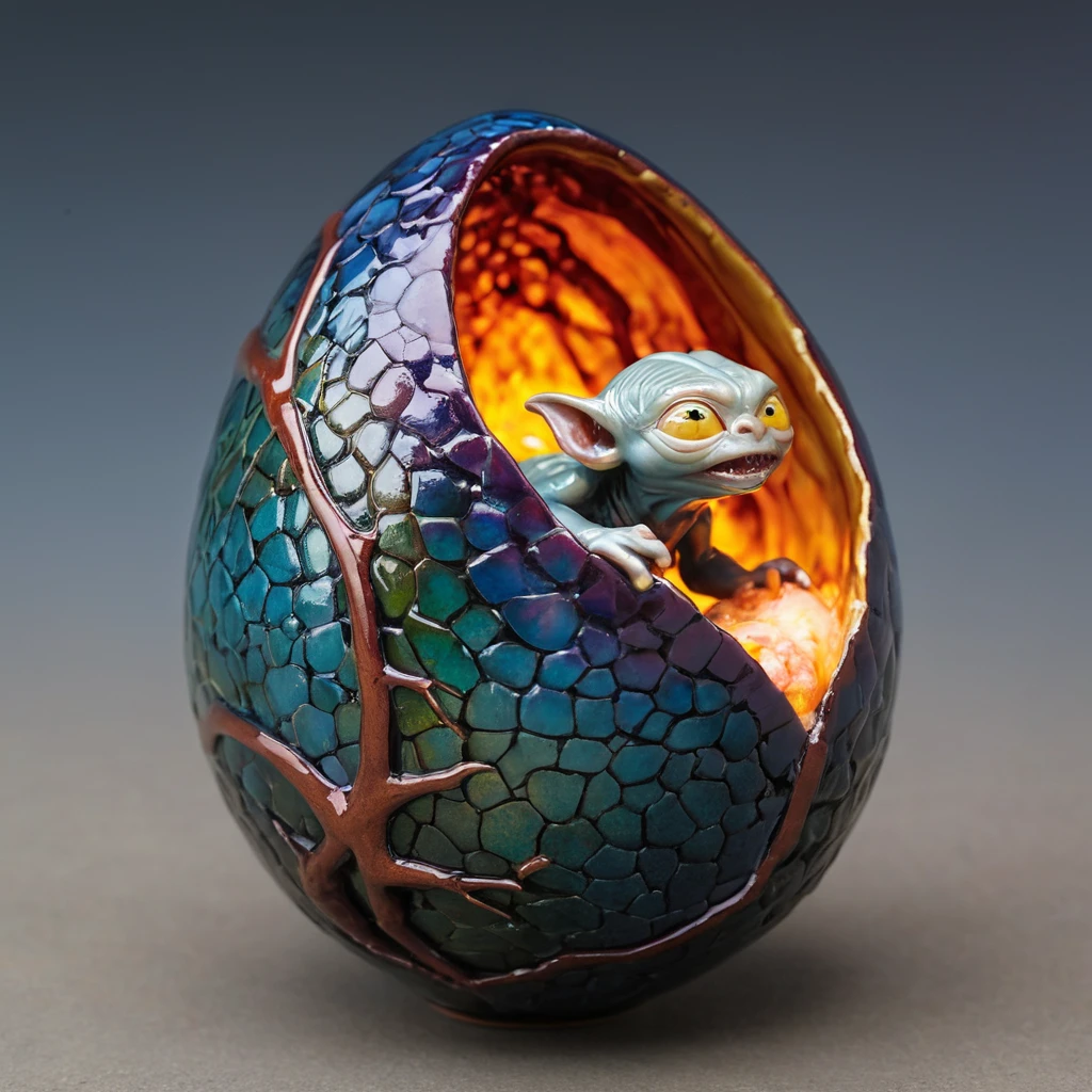 exquisite raku fired colourful tenmoku glazed dragon egg giving birth to baby Gollum on plain background