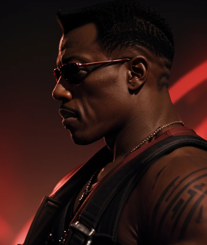 b2lad3, solo, short hair, 1boy, jewelry, upper body, weapon, male focus, dark skin, from side, tattoo, profile, sunglasses, dark-skinned male, cross, red background, bullet