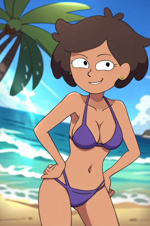 masterpiece, best quality, <lora:mrs_boonchuy:0.9> 1girl, solo, brown hair, short hair, earrings, dot pupils, looking at viewer, smile, purple bikini, outdoors, sunlight, beach, ocean, palm tree, hand on hip,