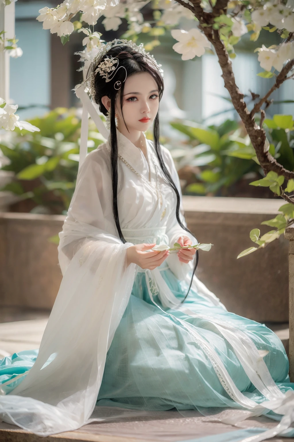masterpiece,best quality,best quality,Amazing,beautiful detailed,The morning of green courtyard with flourishing flowers and plants in spring,eyes,1girl,finely detail,Depth of field,extremely detailed CG unity 8k wallpaper,full body,(alice),bainv,black_hair,water,red_lips,solo,long_hair,earrings,see-through,<lora:BN-000008:0.9>,<lora:capricornus_åä»»åå¿å½_v1.5:0.7>,