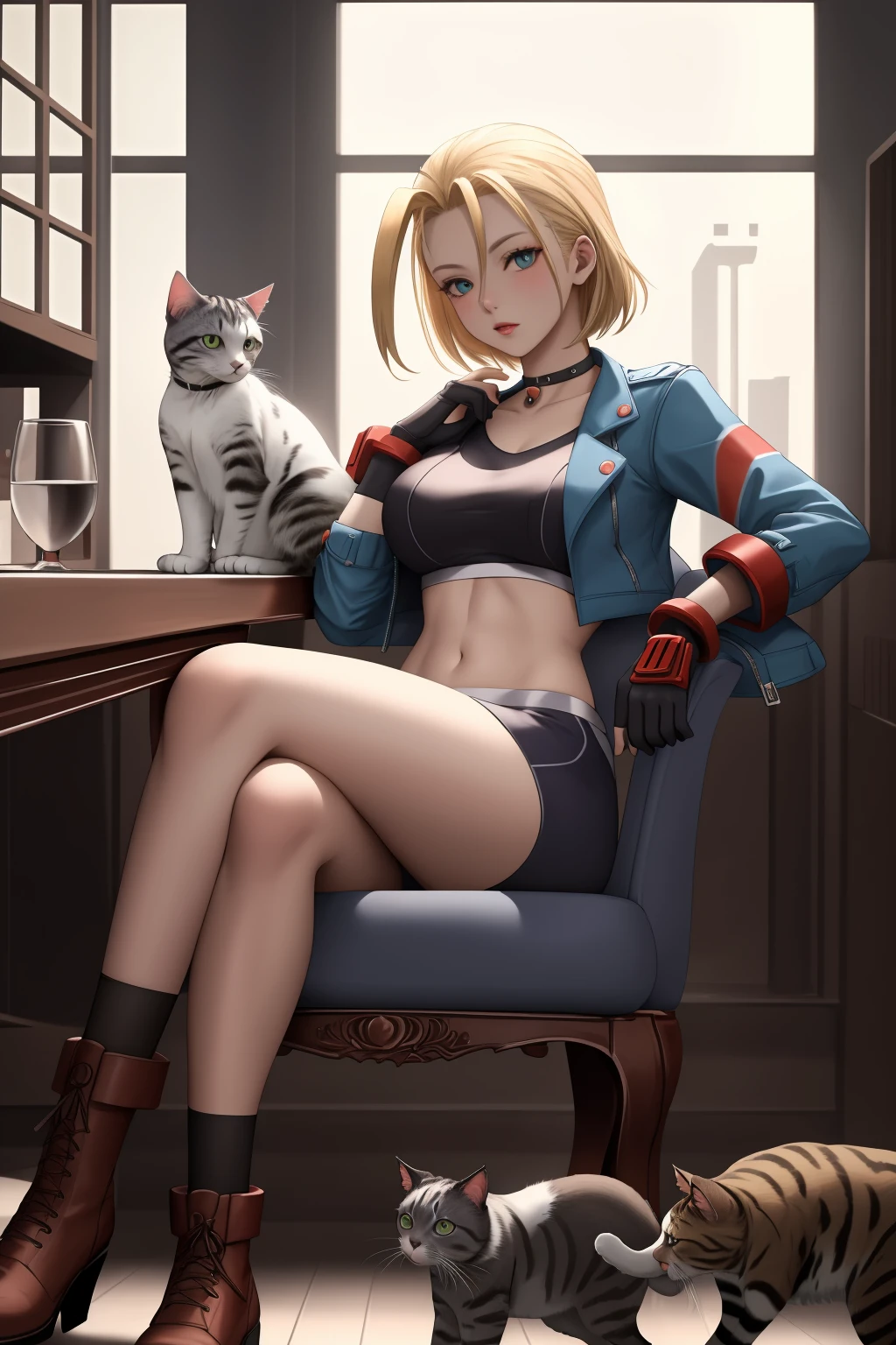 ((best quality)), absurdres, ((ultra high res)), cammy white, a woman sitting on a chair next to a cat, extremely detailed, 8k, masterpiece, <lora:cammy-20:0.8>
